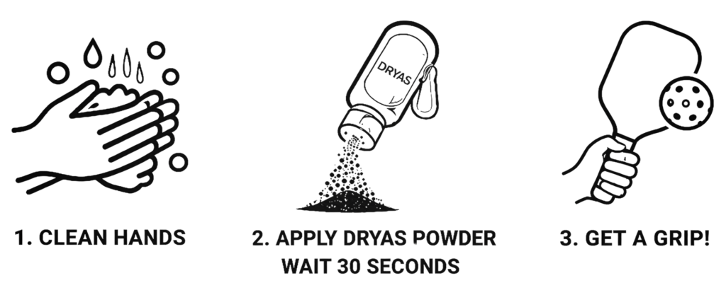 Step 1: Clean hands; Step 2: Apply Dryas powder and wait 30 seconds; Step 3: Get a grip.