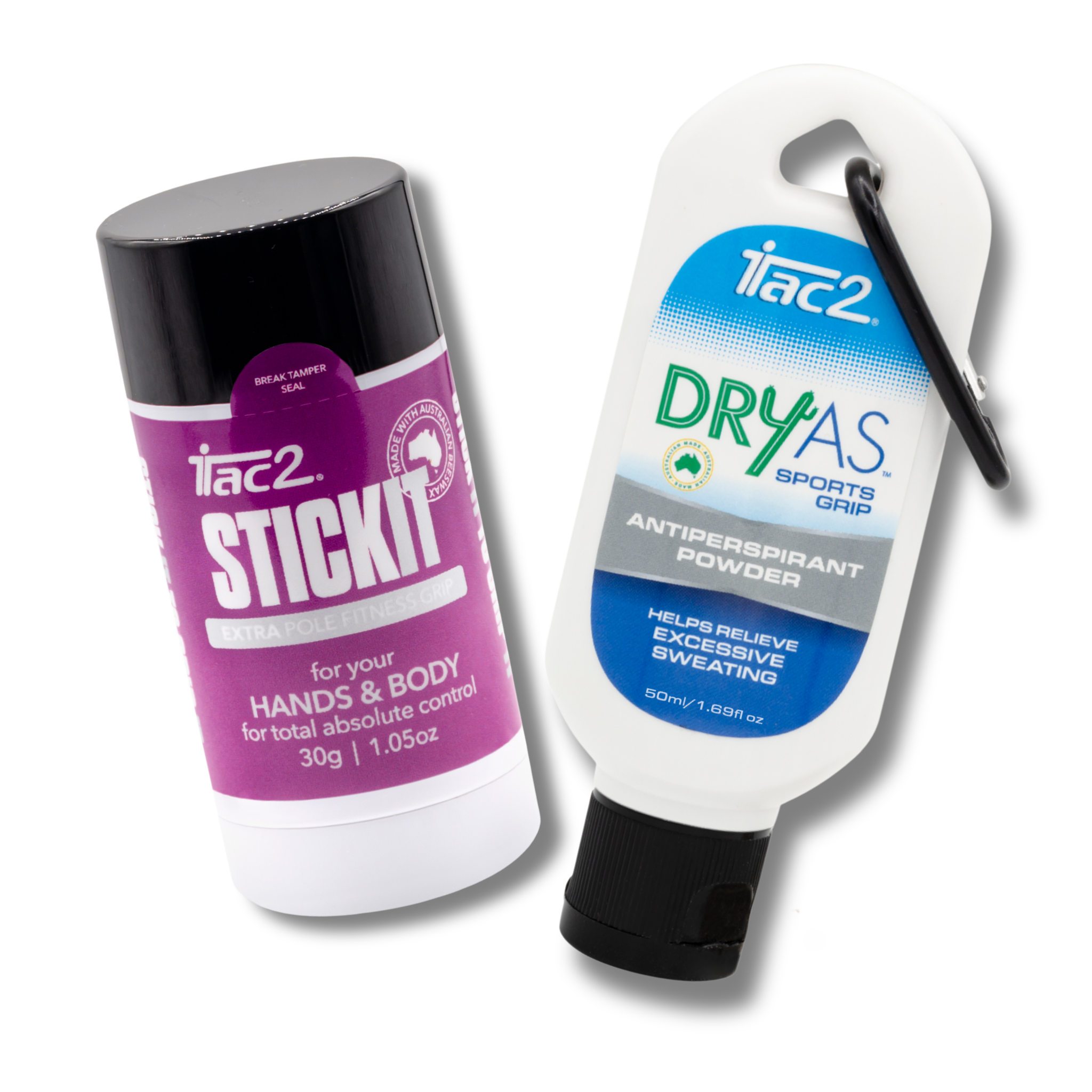 Close-up of two personal care bottles: a purple Tac2 product on the left and a white bottle with a blue label on the right against a white background.